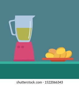 Juicer and apricots, illustration, vector on white background.