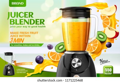 Juicer blender ads with splashing juice and fresh sliced fruits on bokeh kitchen background, 3d illustration