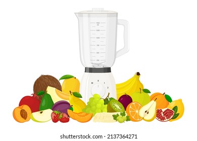 Juicer blender. Kitchen blender with set of fruits, bananas, oranges, kiwi, peach, grapes, strawberry, apple, mango, pear, avocado, isolated vector illustration, Realistic flat design