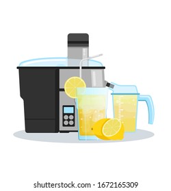 Juicer or blender for making juices and fruit cocktails. Lemon juice in a glass and lemons sliced next to a Juicer.
