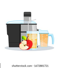 Juicer or blender for making juices and fruit cocktails. Apple juice in a glass and Apple sliced next to a Juicer.