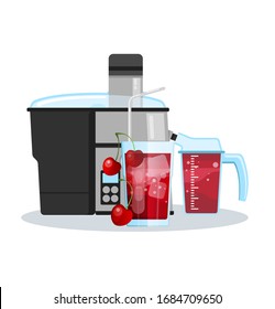 Juicer or blender for making juices and fruit cocktails. Cherry juice in a glass and cherry sliced next to a Juicer.