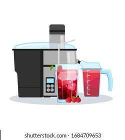 Juicer or blender for making juices and fruit cocktails. Raspberries juice in a glass and cherry sliced next to a Juicer.