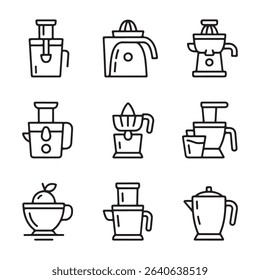 Juicer and Citrus Extractor Icons Set. Various Citrus Juicers and Juicing Equipment Line Art Illustrations

