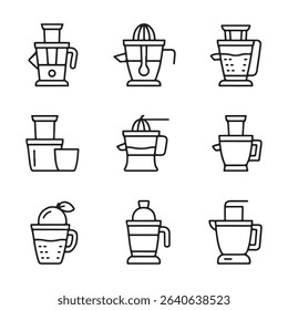 Juicer and Citrus Extractor Icons Set. Various Citrus Juicers and Juicing Equipment Line Art Illustrations
