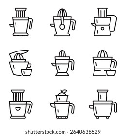 Juicer and Citrus Extractor Icons Set. Various Citrus Juicers and Juicing Equipment Line Art Illustrations
