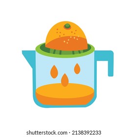 Juicer with flask for citrus fruits. Orange juice. Product for cooking in kitchen. Vector illustration. Icon for menu, book design.