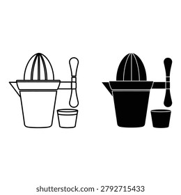 Juicer icon set displays a manual citrus press with cup