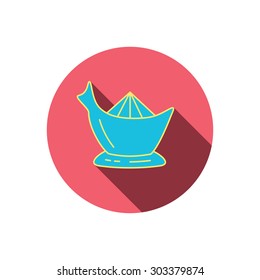 Juicer icon. Squeezer sign. Kitchen electric tool symbol. Red flat circle button. Linear icon with shadow. Vector