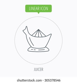 Juicer icon. Squeezer sign. Kitchen electric tool symbol. Linear outline circle button. Vector