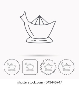 Juicer icon. Squeezer sign. Kitchen electric tool symbol. Linear circle, square and star buttons with icons.