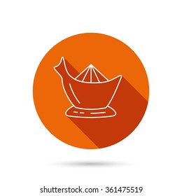 Juicer icon. Squeezer sign. Kitchen electric tool symbol. Round orange web button with shadow.