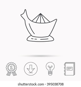 Juicer icon. Squeezer sign. Kitchen electric tool symbol. Download arrow, lamp, learn book and award medal icons.