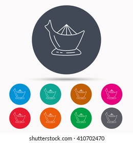 Juicer icon. Squeezer sign. Kitchen electric tool symbol. Icons in colour circle buttons. Vector