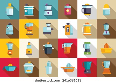 Juicer icons set flat vector. Food kitchen. Home fruit breakfast