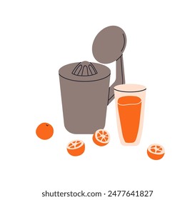 Juicer, orange juice in glass. Fresh fruit drink, juice maker for healthy beverage. Kitchen appliance for squeezing homemade natural refreshment. Flat vector illustration isolated on white background