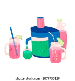 Juicer, smoothy making machine cartoon illustration. Squeezer kitchenware hand drawn doodle banner design. Detoxing diet, fruit extractor printing card