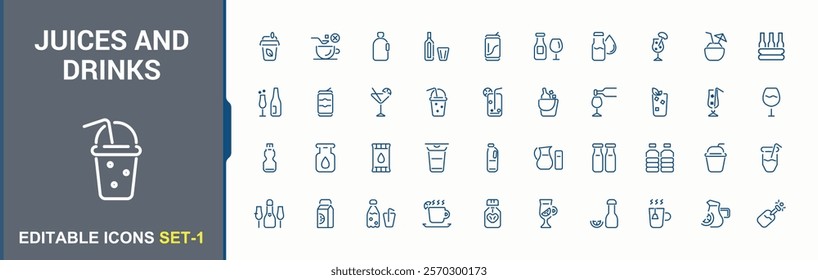 Juices and Drinks linear icon collection. Contains such icons as ice, coconut, alcohol, whiskey, drink, milk, cocktail. Minimalist UI icon design. 