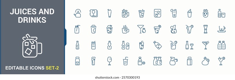 Juices and Drinks linear icon collection. Contains such icons as ice, coconut, alcohol, whiskey, drink, milk, cocktail. Minimalist UI icon design. 