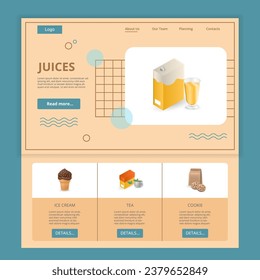 Juices flat landing page website template. Ice cream, tea, cookie. Web banner with header, content and footer. Vector illustration.