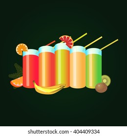 juices with fruits in dark background