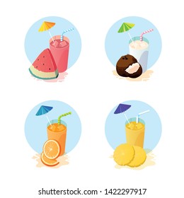 Juices with fruits icon set design