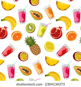 Juices and fruits in a pattern.Glasses with juices and tropical fruits on a transparent background in a vector seamless pattern.