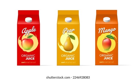 Juices packaging. Apple pear mango juice tetrapack in realistic style, cardboard tetra package box set isolated, paper packing liquid crush designs vector illustration svg
