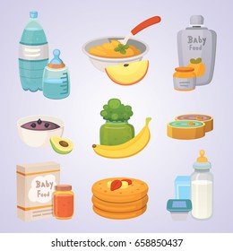 Juices And Purees From Green Apples And Broccoli For Baby. Food For Baby Cartoon Products Set.