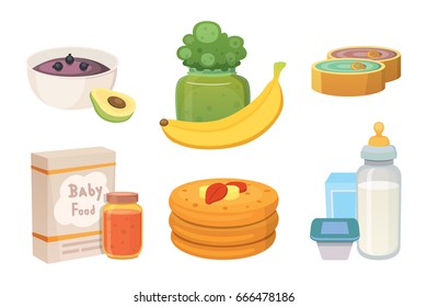 Juices and purees from green apples and broccoli for baby. food for baby cartoon products set.
