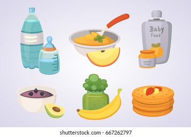 Juices and purees from green apples and broccoli for baby. food for baby cartoon products set.