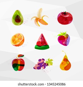 Juicy abstract fruits avocado, banana, apple, orange, watermelon, strawberry, tomato, grapes, peard drawing on modern background.
