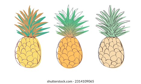 Juicy abstract pineapples drawn by line. Exotic tropical fruit, sketch. Vector drawing, isolated on white background.