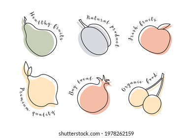 Juicy apple, plum, pear, lemon, lime, cherry, pomegranate. Fresh fruit, healthy organic food. Premium quality. Buy local product. Vector line illustration, icon. Perfect for logo, stamp, brand, mark