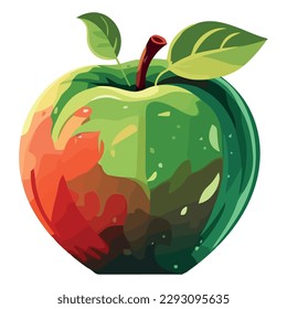 Juicy apple shapes drop on fresh leaves over white