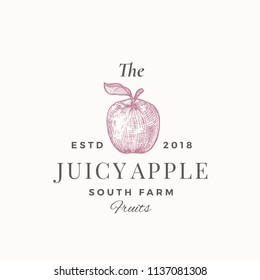 The Juicy Apple South Farm Fruits. Abstract Vector Sign, Symbol or Logo Template. Apple with Leaf Sillhouette Sketch with Elegant Retro Typography. Vintage Luxury Emblem. Isolated.