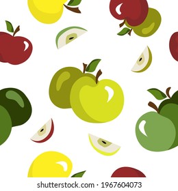 Juicy apples seamless pattern, a collection of colorful apples on white background, apple slices, summer fruits repeat pattern, apple delight, healthy fresh food, childish illustration style  