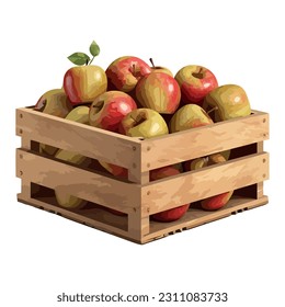 Juicy apples in wooden crate, symbol of harvest icon isolated