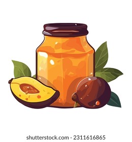 Juicy avocado and fresh leaves in jar icon isolated