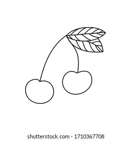 Juicy, cereza hermosa en una rama con una hoja. Cerezas dulces de perro. Ilustración vectorial aislada en fondo blanco, dibujada a mano.