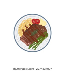 Juicy Beef Barbecue Steak Vector Logo Ilustración Con Delicioso Spaghetti