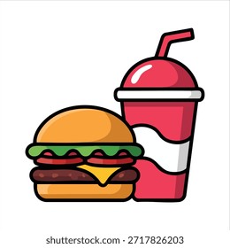 Jugosa hamburguesa de carne y refrescante comida de bebida fría aislada Ilustración vectorial sobre fondo blanco