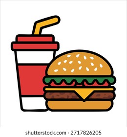 Jugosa hamburguesa de carne y refrescante comida de bebida fría aislada Ilustración vectorial sobre fondo blanco