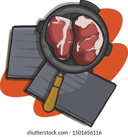 juicy beef steak grill pan on wooden board. cartoon vector illustration 
