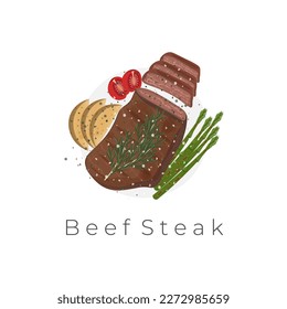 Juicy Beef Steak Vector Illustration Logo Grilled And Served With Fresh Asparagus Tomatoes And Potatoes