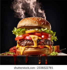 juicy beefy burger on flaming smoked dark background