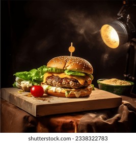 juicy beefy burger on flaming smoked dark background