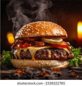 juicy beefy burger on flaming smoked dark background