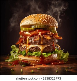 juicy beefy burger on flaming smoked dark background