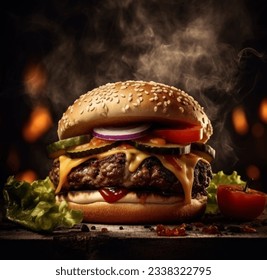 juicy beefy burger on flaming smoked dark background